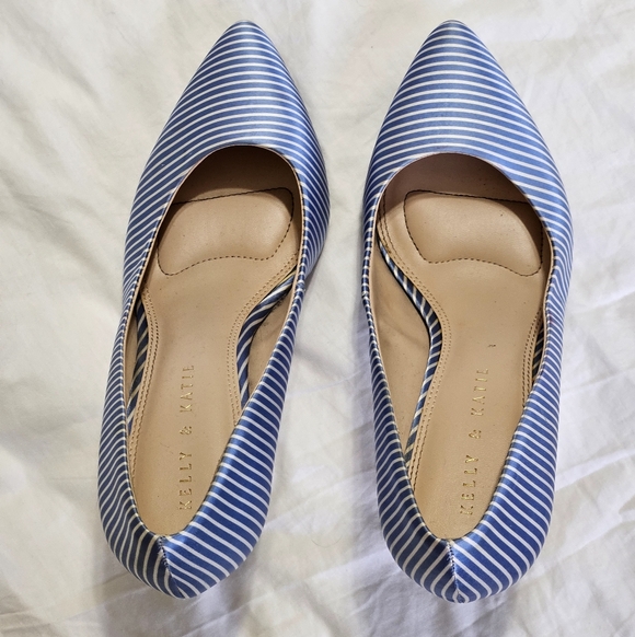 Kelly & Katie Striped Light Blue and White Silky Heels With Padded Footbed - Picture 3 of 15